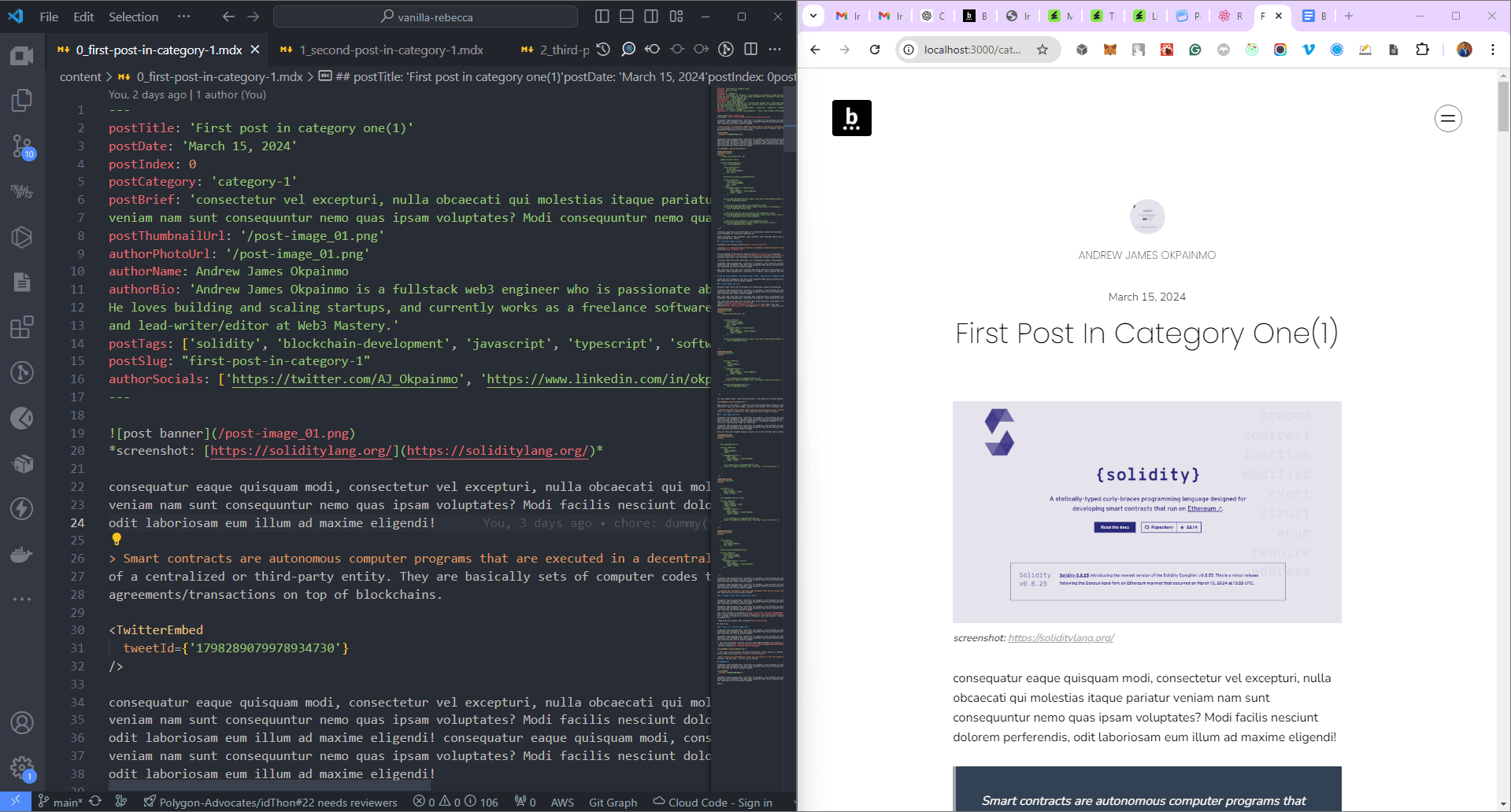 template banner - markdown post in code editor, and preview open by the side in browser