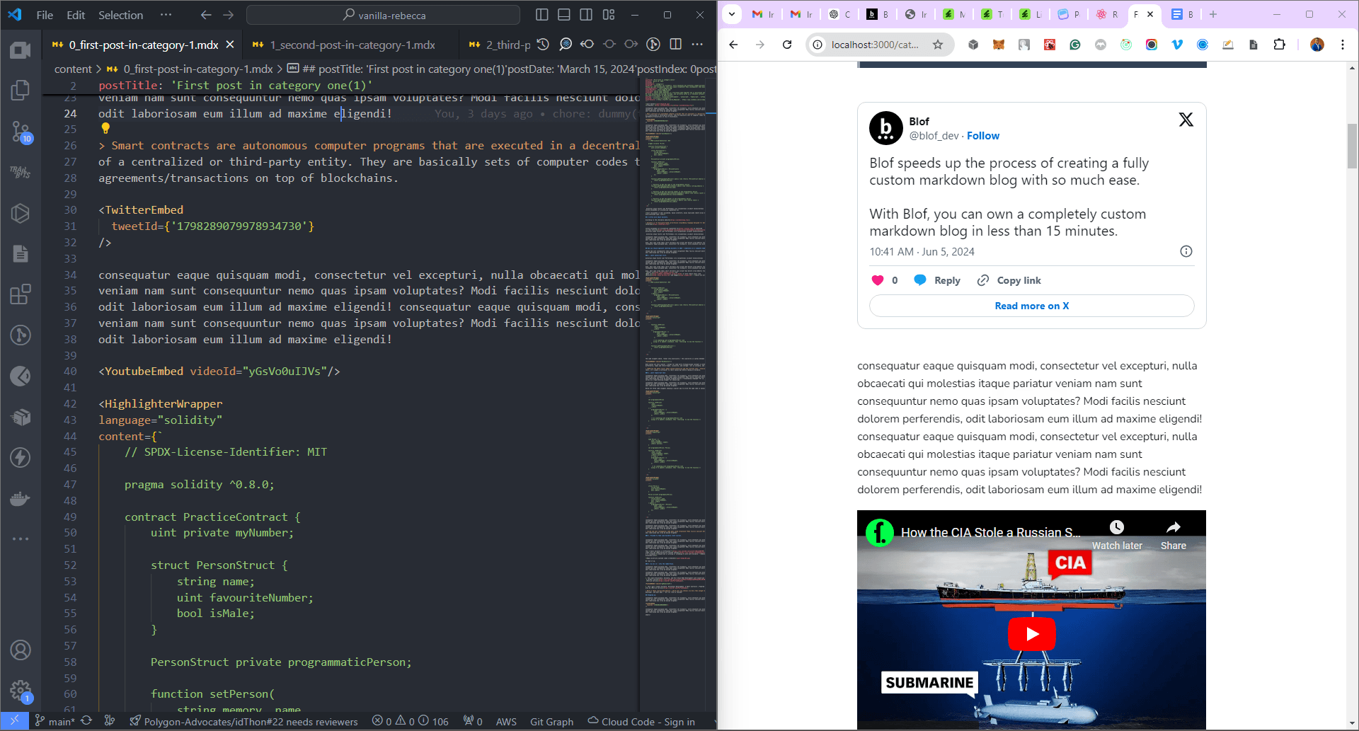 template banner - markdown post in code editor, and preview open by the side in browser