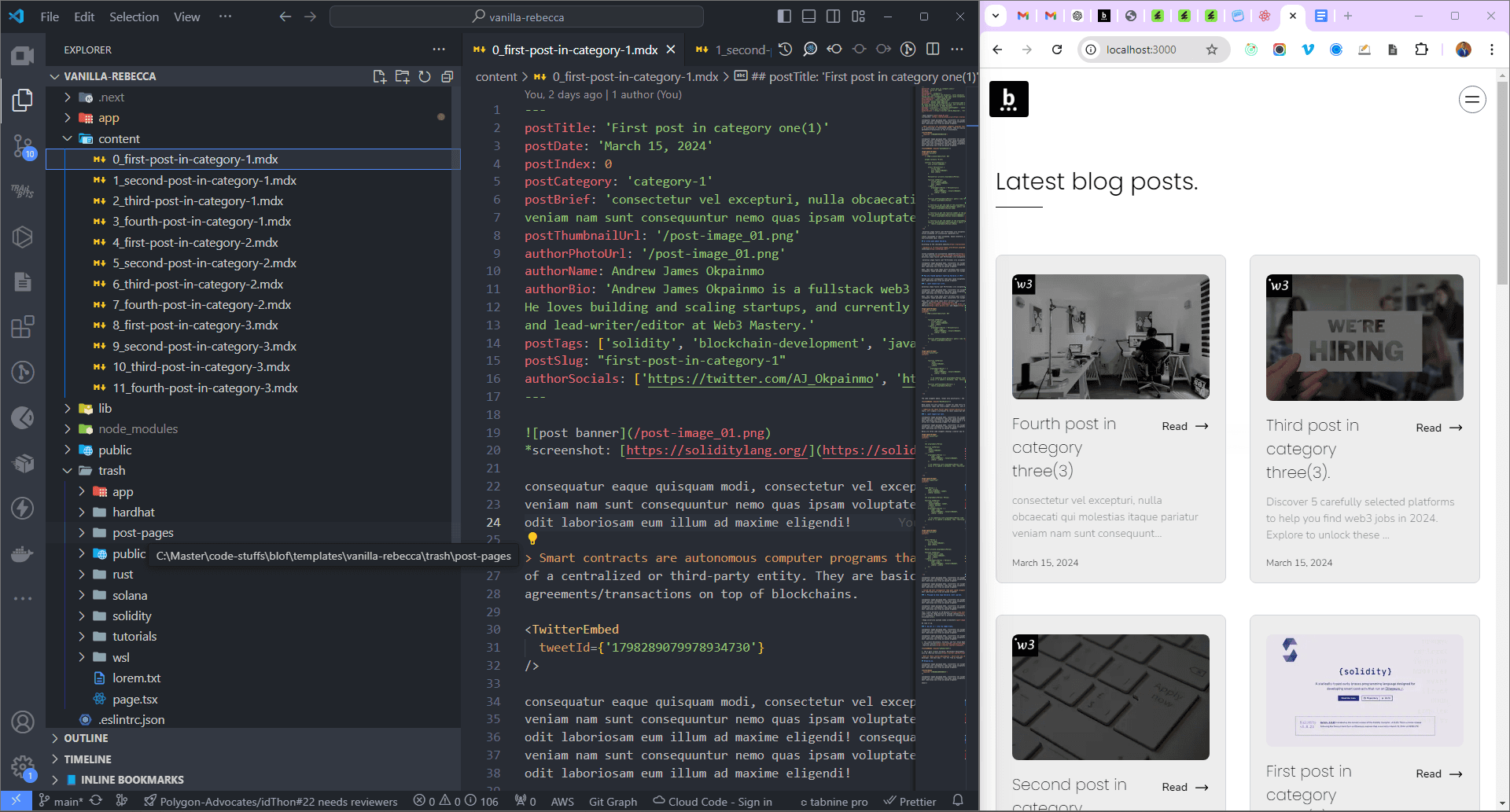 template banner - markdown post in code editor, and preview open by the side in browser